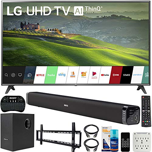 LG 75UM6970 75 inch HDR 4K UHD Smart IPS LED TV 2019 Model Bundle with Soundbar with Subwoofer, Wall Mount Kit Wireless Backlit Keyboard and 6-Outlet Surge Adapter