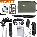 KaiLan Emergency Survival Gear Kit 12 in 1 ,Outdoor Survival Tool with Fire Starter Paracord Bracelet Whistle Survival Blanket Wire saw Compass Survival Knife Flashlight Tactical Pen etc