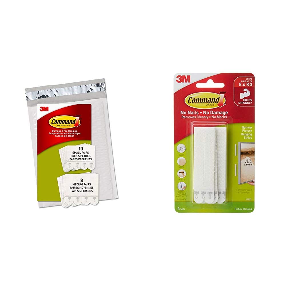 Command Small and Medium Picture Hanging Strips, Envelope Pack Containing 10 x Small Pairs and 8 x Medium Pairs & 17207 Narrow Picture Hanging Strips, 4 pairs - White