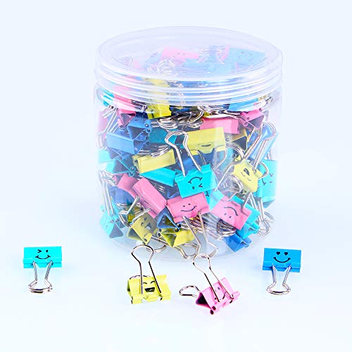 Binder Clips, Limque Paper Clips,Paper Clamps with Colored Cute Hollow Smiling Face,100 Pcs 0.75 inch/19mm Size Clips, for Office,Teacher Gifts and Kitchen,Small/Mini