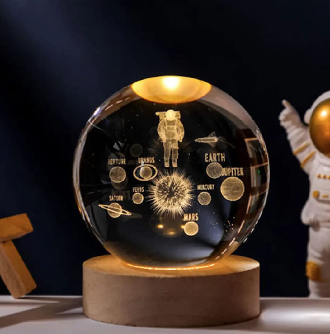Astronaut Lamp and Solar System 3D crystal ball large, with base and USB led light