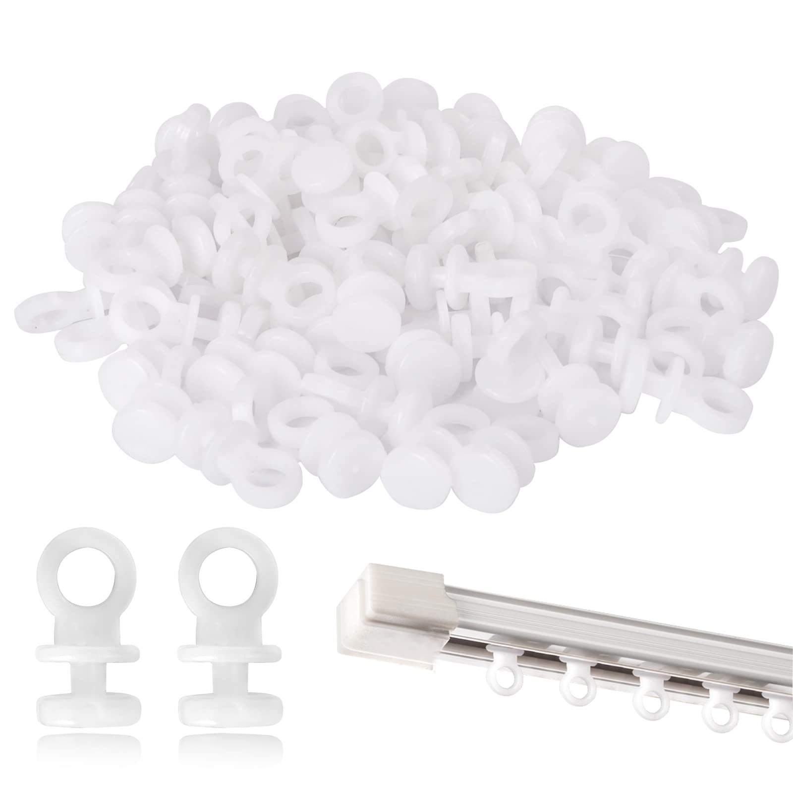 Starich 100Pcs Curtain Track Gliders,Plastic White Curtain Hooks Effortless Gliding Curtain Rail Slider Hooks Rollers for Window Door Shower Curtains.