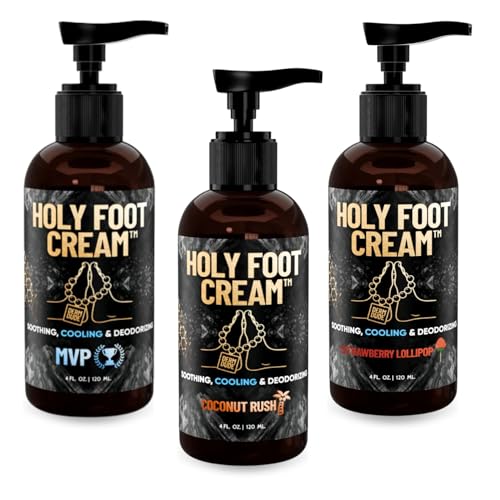 Derm Dude Holy Foot Cream for Dry Cracked Heels and Feet, 4oz (3-Pack) | MVP, Strawberry Lollipop & Coconut Rush Scents | Moisturizing Lotion with All-Natural DeoPlex for Odor Control & Arrowroot for