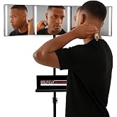 Self-Cut System Angel Lights Basic - 3-Way Mirror with Rechargeable LED Lights, Adjustable Height, Portable Trifold Mirror, Tripod with Attachable Clipper &amp; Trimmer Tray, 84" H x 20" W - Black