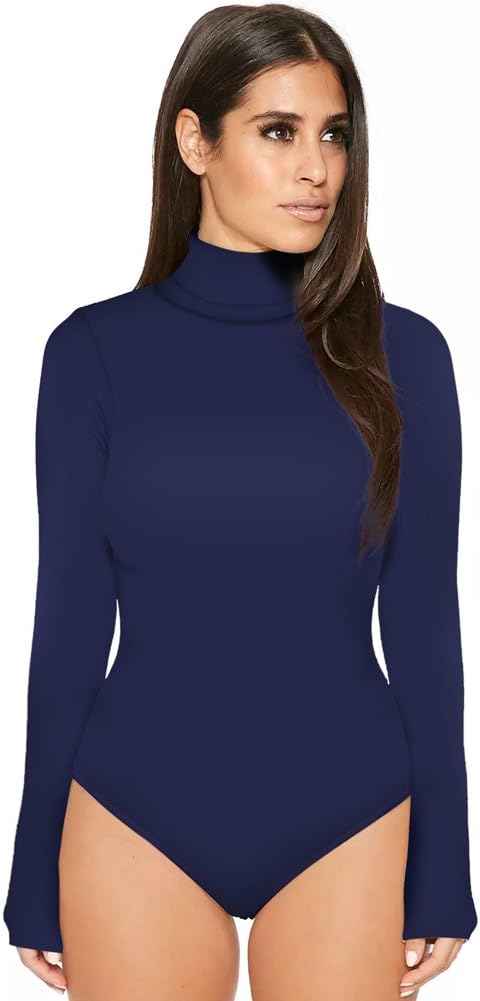 GUCHIS Womens Stretchy Turtleneck Long Sleeve Thong Bodysuit Solid Color Romper