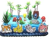 Unique 12 Piece Classic Sonic the Hedgehog Cake Topper Set Featuring 4 Sonic Rings, Super Sonic, Amy Rose, Miles Tails Prower, Sonic, Metal Sonic, Knuckles, And 2 Decorative Cake Pieces