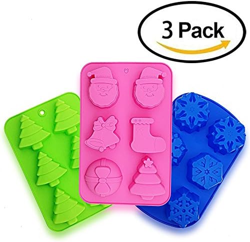 Snowflake Christmas Tree Cake Mold, CNYMANY 3 Packs Silicone Non-Stick Baking Pan Tray for Making Chocolate Ice Cube Muffins Soap Jelly - Pink, Green, Blue