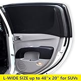 L-Size Car Window Sun Shades That Fit Most of SUV’s. Back Seat Bugs/Dust Screen. See Through Stretchy Mesh Sunshade. Covers Full Windows Up to 48 x 20 inches. 2-Pack