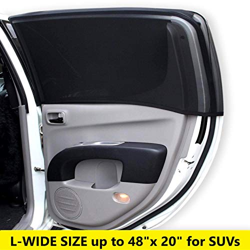 L-Size Car Window Sun Shades That Fit Most of SUV’s. Back Seat Bugs/Dust Screen. See Through Stretchy Mesh Sunshade. Covers Full Windows Up to 48 x 20 inches. 2-Pack