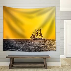 Sailing Ship Silhouette in Red Sunset on The Sea - Fabric Wall Tapestry Home Decor - 51x60 inches
