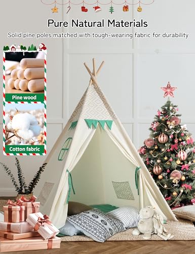 besrey Kids Play Tent Indian Canvas Teepee Cotton with Padded Mat and Fairy Lights (Green and White)