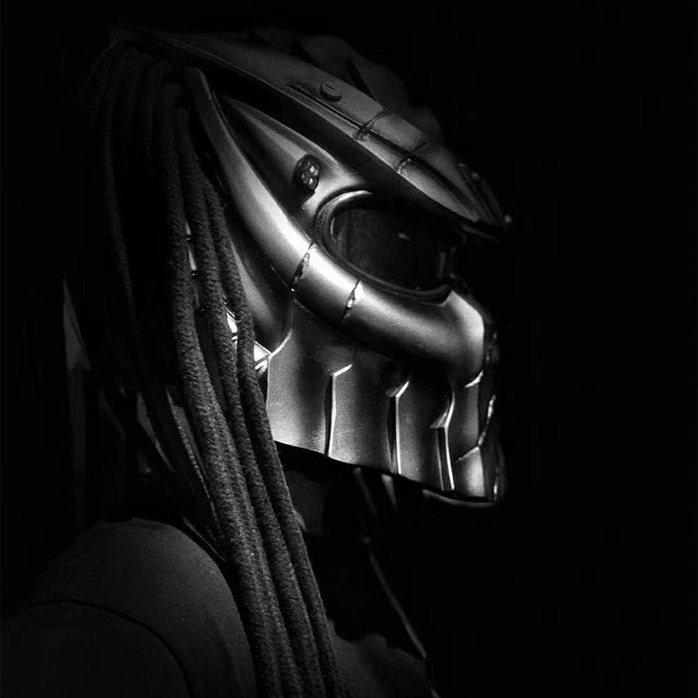 Predator Carbon Fiber Helmet, Iron Warrior Motorcycle Helmet Creative Full Face Helmet with Lens Anti-Fog Personality Hair Braid and LED Light, D.O.T Safety Certified, (Black) L/XL (59-62cm)