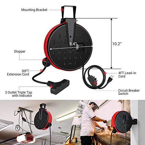 DEWENWILS 30 Ft Retractable Extension Cord Reel, Ceiling or Wall Mount 16/3 Gauge SJTW Power
