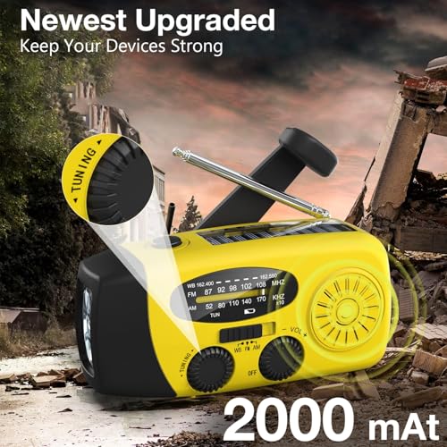 Portable AM/FM Solar Radio with 2000 mAh Rechargeable Battery and Dynamo Crank, USB Port, Rechargeable SOS Alarm/Torch, for Camping, Travelling