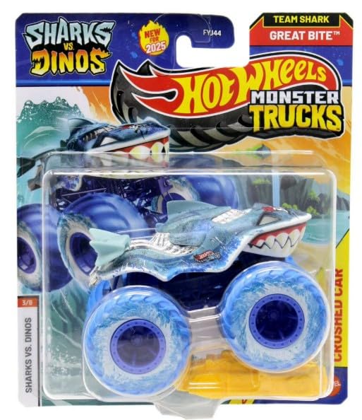 Hot Wheels Monster Trucks Sharks vs Dinos, 1:64 Scale Die-Cast Vehicle Collection, 2025 Edition (3/8 Blue Wheels Great Bite)