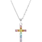 Baptism Cross Necklace for Women First Communion Silver Cross Necklaces Rainbow Cross Necklace Religious Gifts for Women