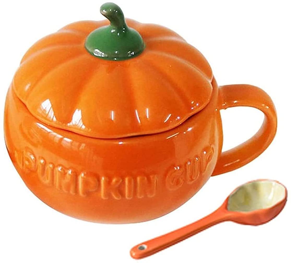 Eplze YBK Tech Cute Pumpkin Cup, Ceramic Coffee Mug Tea Cup with Lid, 15.5oz (Cup+ Spoon)