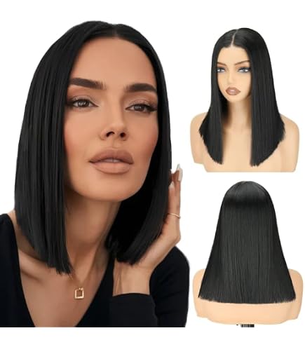 Synthetic Lace Front Wig Straight Short 15inch Heavy Density Heat Resistant Morovan 15 inch Black Short Straight Hair Bob Wig With Bangs  main image 3