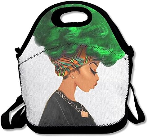 Afro Sexy Lady African American Women With Green Hair Neoprene Lunch Bag Insulated Lunch Box Tote For Women Men Adult Kids Teens Boys Teenage Girls Toddlers (Black)