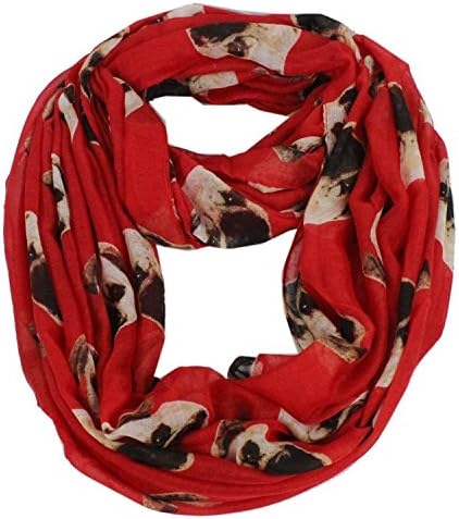 Nexxgen Fashion Designer Infinity Loop Scarf for Women- 30 Variations, Animal Print, American Flag, Red Black Blue Pink White etc. (Pug- Candy Red)