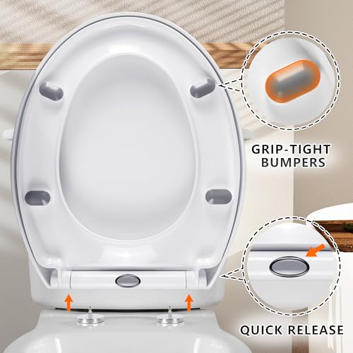 Angel Shield Soft Close Toilet Seat – Oval White, Quick Release & Easy Clean, Adjustable Top Fix Hinges, Durable Plastic, Fits Standard O-Shape Toilets (White - Plastic)
