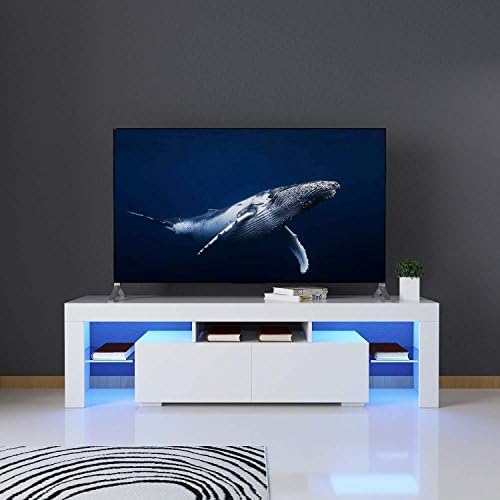 Kaluo White High Gloss TV Stand Cabinet, TV Unit Console w/LED Light Shelves 2 Drawers (1 TV Cabinet)