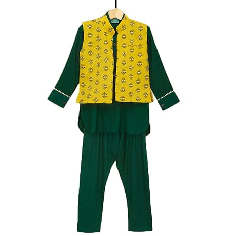LIL PITAARA By Hopscotch Boys Pure Cotton Bottle And Kurta Pyjama With Jacket Set in Green Color