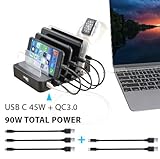 CharJenPro USB Charging Station 6 Port Desktop Charging Stand Organizer for Apple Watch, iPhone, iPad, Tablets and Other USB-Charged Devices USBC Charging (90W) Multi Port Docking Station with Cables