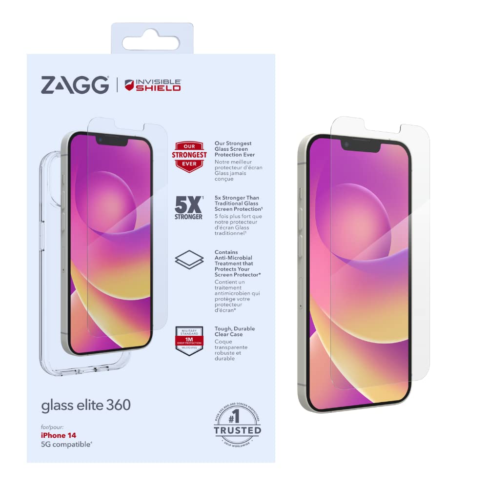ZAGG InvisibleShield Glass Elite 360 Screen Protector & Clear Case Bundle Compatible for iPhone 14, Shockproof, Scratch Resistant, Glass-Like, Anti-Microbial, (Clear)