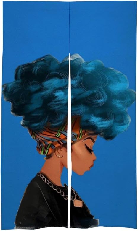 Amazon 青い髪のアメリカのアフリカの女の子 のれん おしゃれ キッチン用 飲食店 玄関網戸 日本のカーテン 暖簾 簡易あみ戸カーテン 間仕切り取付簡単 ホーム装飾 86x143cm のれん オンライン通販