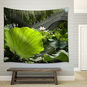 Lotus Pond with an Oriental Bridge - Fabric Wall Tapestry Home Decor - 51x60 inches