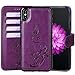WaterFox iPhone XR Wallet Case with 4 Card Holder for Women, Detachable Cover Flip Folio PU Leather Wrist Strap Removable Magnetic Kickstand with Floral Flower Design for Girls - Purple