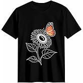 Women's T Shirt Sunflower Butterfly Sketch Graphic Tees Flower Animal Short Sleeve Tops Black Women's Crew Neck Fitted Shirt