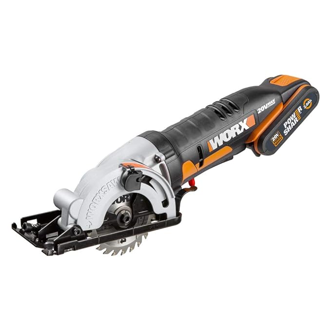 WORX 20V Akku-Kreissäge WX527, Powershare, 2,0Ah, Einhandbedienung, Schnitttiefe 27 mm, schnelleTiefeneinstellung, 2400 / min