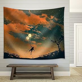 Illustration - Man Flying with Balloon Lights at Sunset,Illustration Painting - Fabric Wall Tapestry Home Decor - 51x60 inches