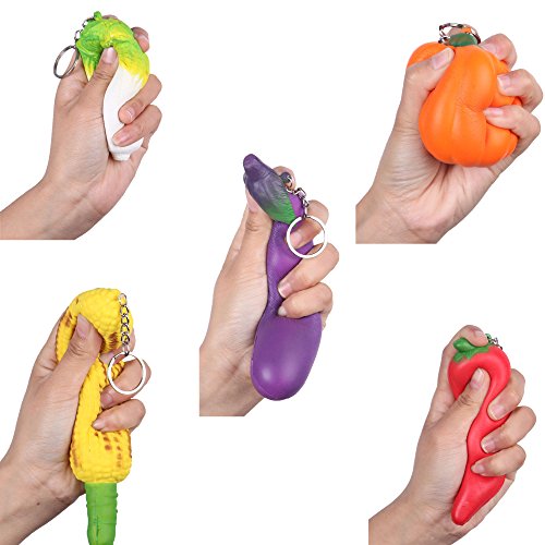 Anboor 5 Pcs Jumbo Slow Rising Kawaii Vegetable Squishies Toy for Collection Gift with Phone Strap Key Chain,Pumpkin,Cabbage,Eggplant,Pepper,Bake Corn,Color Random - Thumbnail 2