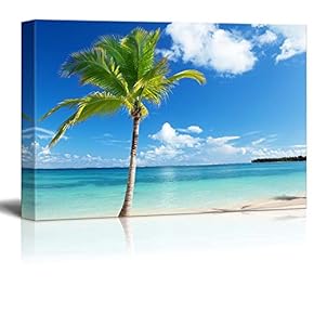 Canvas Prints Wall Art - Beautiful Tropical Scenery/Landscape Caribbean Beach and Palm Tree | Modern Wall Decor/Home Decoration Stretched Gallery Canvas Wrap Giclee Print & Ready to Hang - 12" x 18"