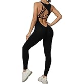 Qszmjo One-piece V Neck Workout Athletic Jumpsuit Women's Tummy Control Backless Yoga Bodysuit Butt Lift Cutout Sport Rompers