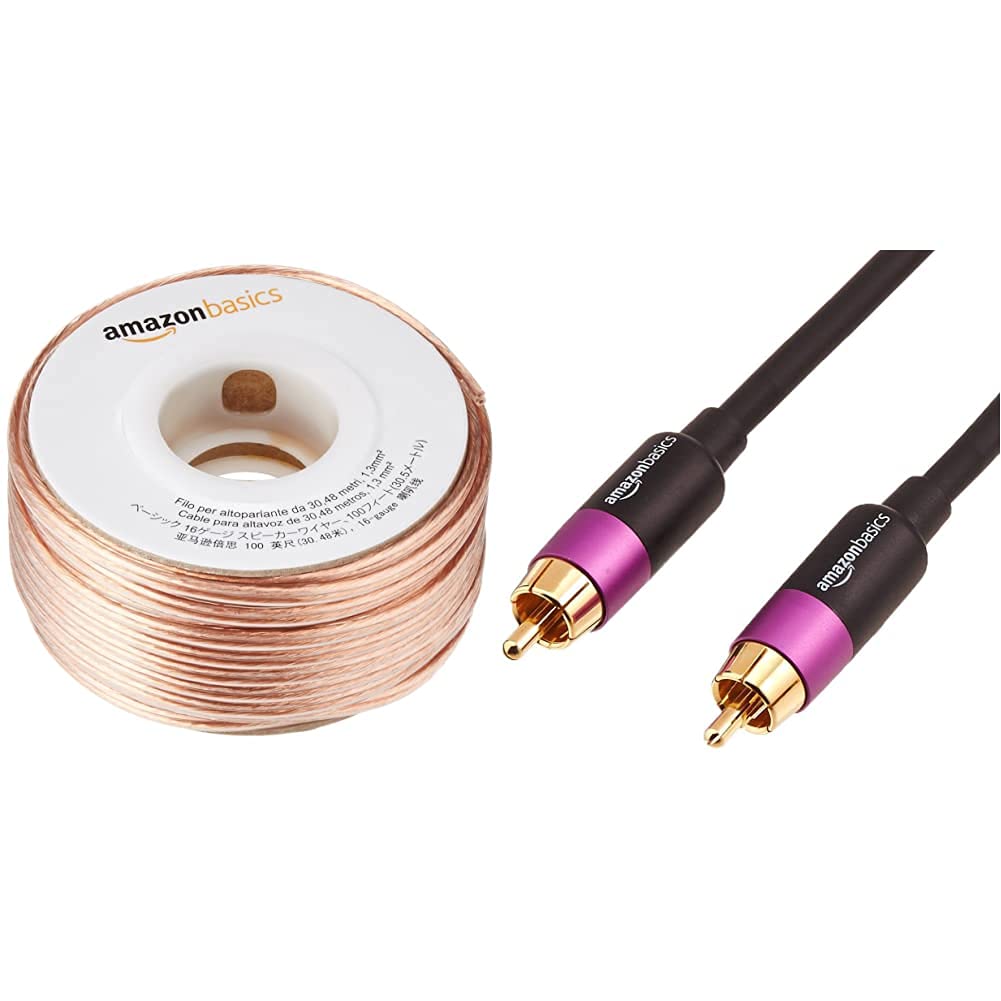 Amazon Basics 16-Gauge Speaker Wire 1.3 mm² - 30.48 m (100 feet) & Subwoofer Cable - 4.6 m