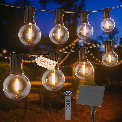 Pogestrand G40 20 m Outdoor Solar Lights with USB or Solar Charging Dual Festoon Lights 24 V with Remote Control Dimmable Timer 30 Unbreakable Waterproof Bulbs for Garden