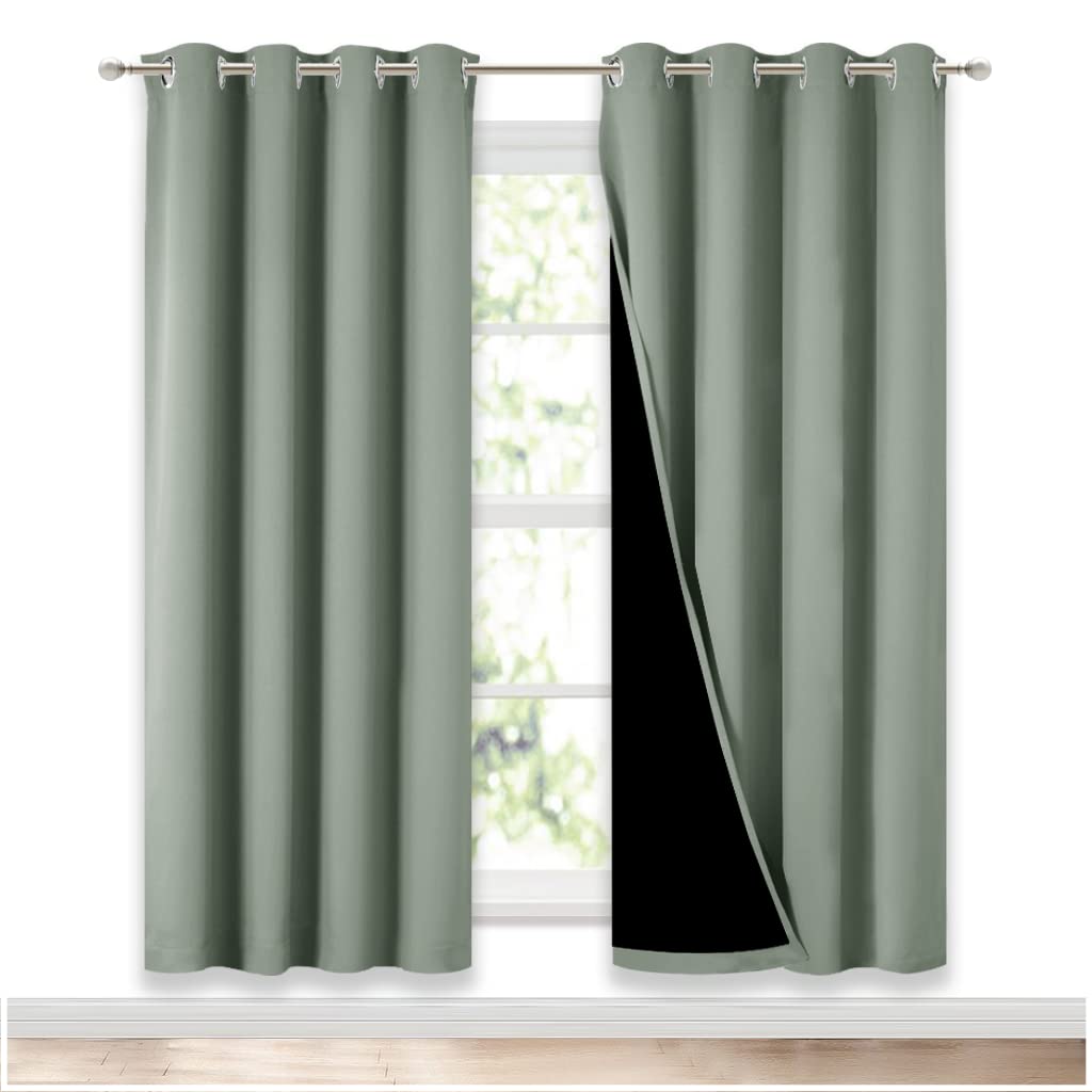 Photo 1 of NICETOWN 100% Blackout Window Curtain Panels, Full Light Blocking Drapes with Black Liner for Nursery, 72-inch Drop Thermal Insulated Draperies (Greyish Green, 2 Pieces, 52-inch Wide Per Panel)