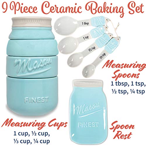 Mason Jar Kitchen Utensil Set - Includes Measuring Cups + Spoon Rest + Measuring Spoons (Blue)