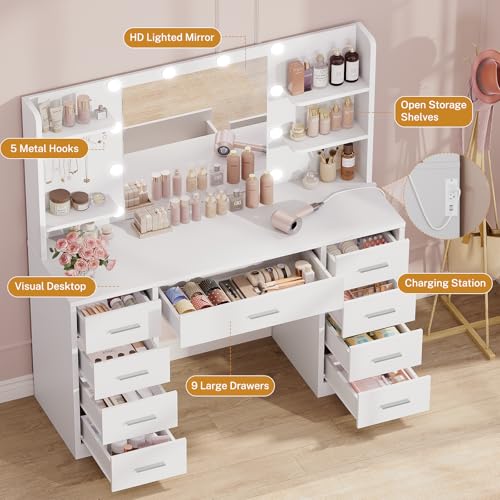 TEENFON Large Vanity Desk with 9 Drawers & Power Outlet, 6 Open Shelves and 5 Jewel Hooks, Makeup Vanity with Lighted Mirror, 3-Color LED & Adjustable Brightness, Dressing Table for Bedroom, White