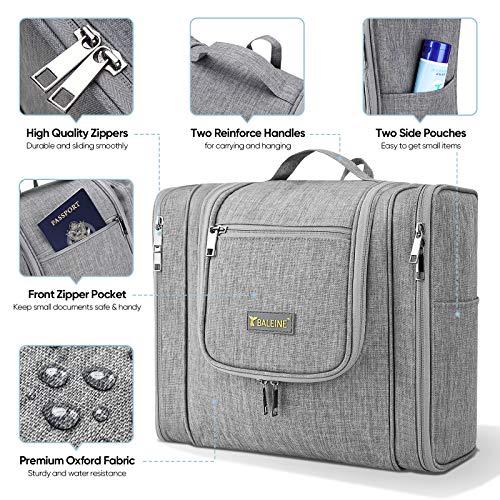 BALEINE Large Toiletry Bag for Women and Men, Water-Resistance Cosmetic Bags for Toiletries with Hanging Hook, Makeup Organizer for Travelling (Gray) 3 BALEINE Large Toiletry Bag for Women and Men, Water-Resistance Cosmetic Bags for Toiletries with Hanging Hook, Makeup Organizer for Travelling (Gray)