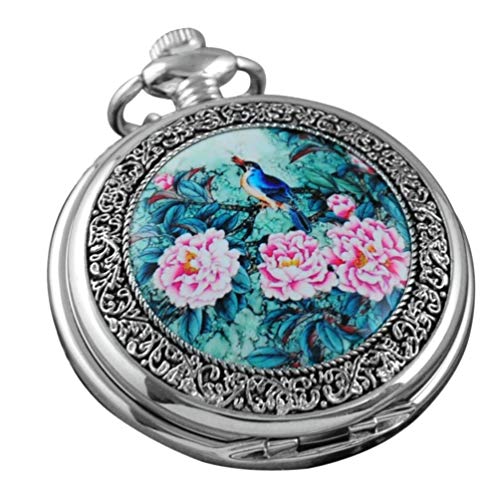 VIGOROSO Quartz Beautiful Peony Bird Enamel Painting Steampunk Silver Pocket Watches Gift Box VIGOROSO Quartz Beautiful Peony Bird Enamel Painting Steampunk Silver Pocket Watches Gift Box