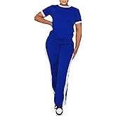 PINSV Women's 2 Piece Outfits Short Sleeve Tops Sweatpants Colorblock Bodycon Lounge Sets Tracksuit