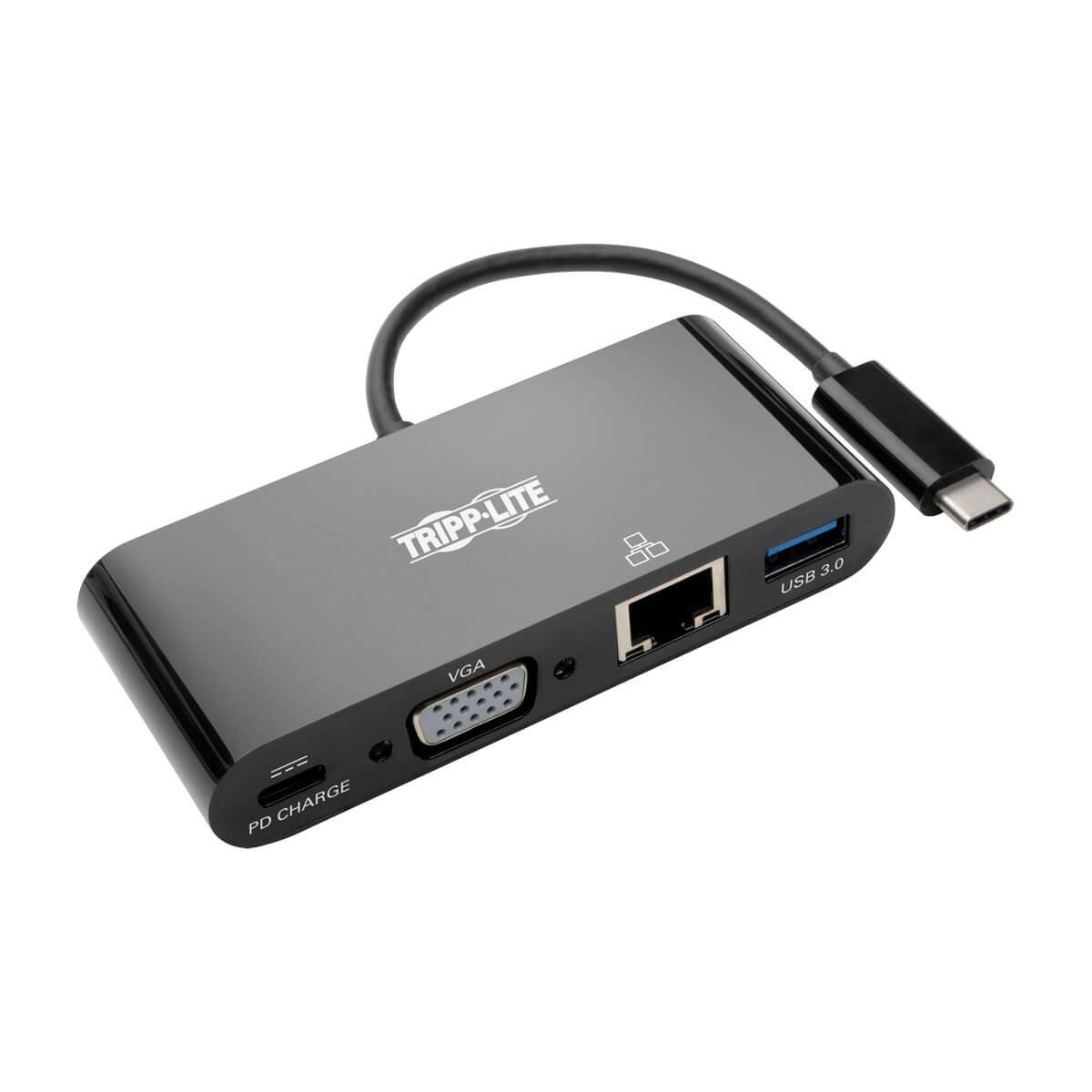 Tripp Lite USB-C Multiport Adapter, VGA, USB-A Port, Gbe and PD Charging, Black (U444-06N-VGUB-C)