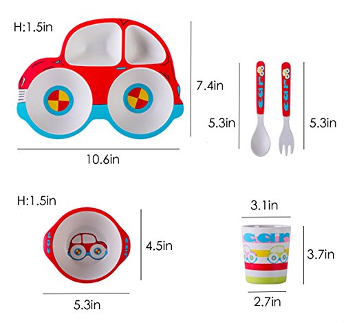 image for JUKER 5 Piece Bamboo Dinnerware for Kids, Toddler, Car Plate and Bowl 