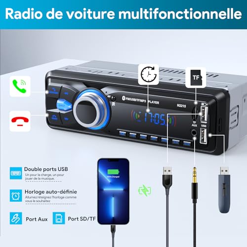 Chismos Bluetooth Handsfree 5.0 FM Radio Car Radio 1 Din for 9-12V Car Supports 2 USB/AUX/SD/TF/MP3, Supports iOS/Android