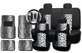 New and Exclusive Mesh Animal Print Accent Interior Set Gray Snow Leopard 15pc Seat Covers Front & Back Lowback, Back Bench, Steering Wheel & Seat Belt Covers - 4pc Floor Mats